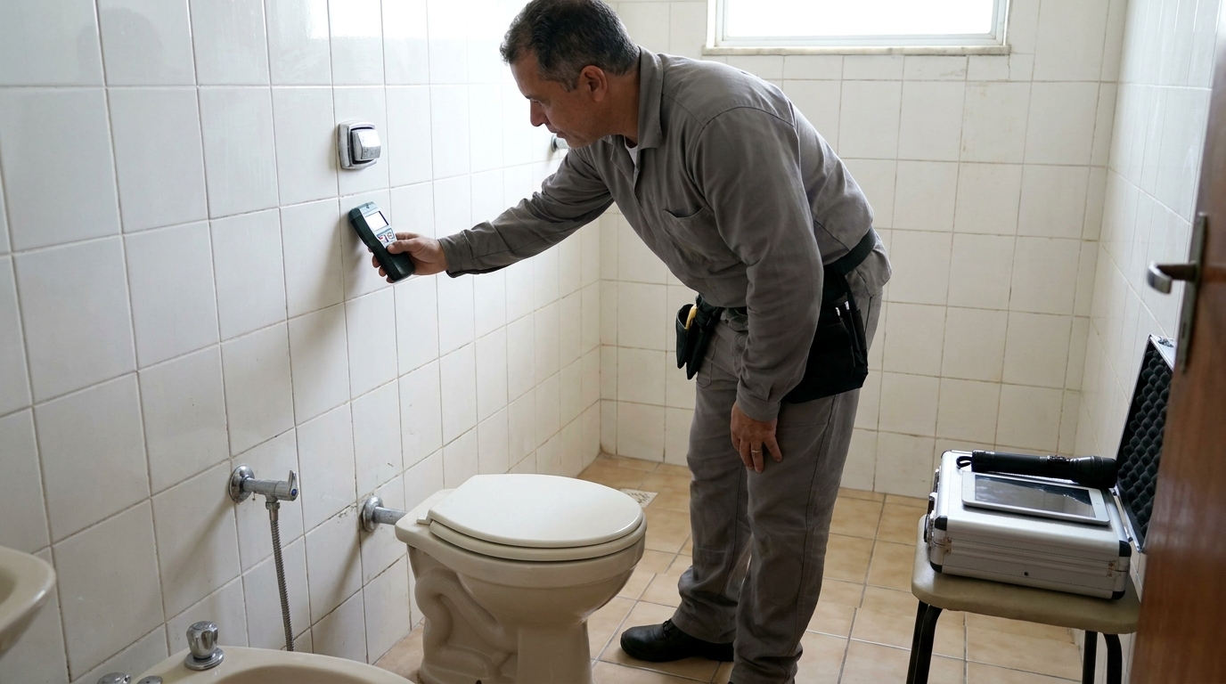 Técnico de caça vazamento analisando tubulação em Franca‑SP