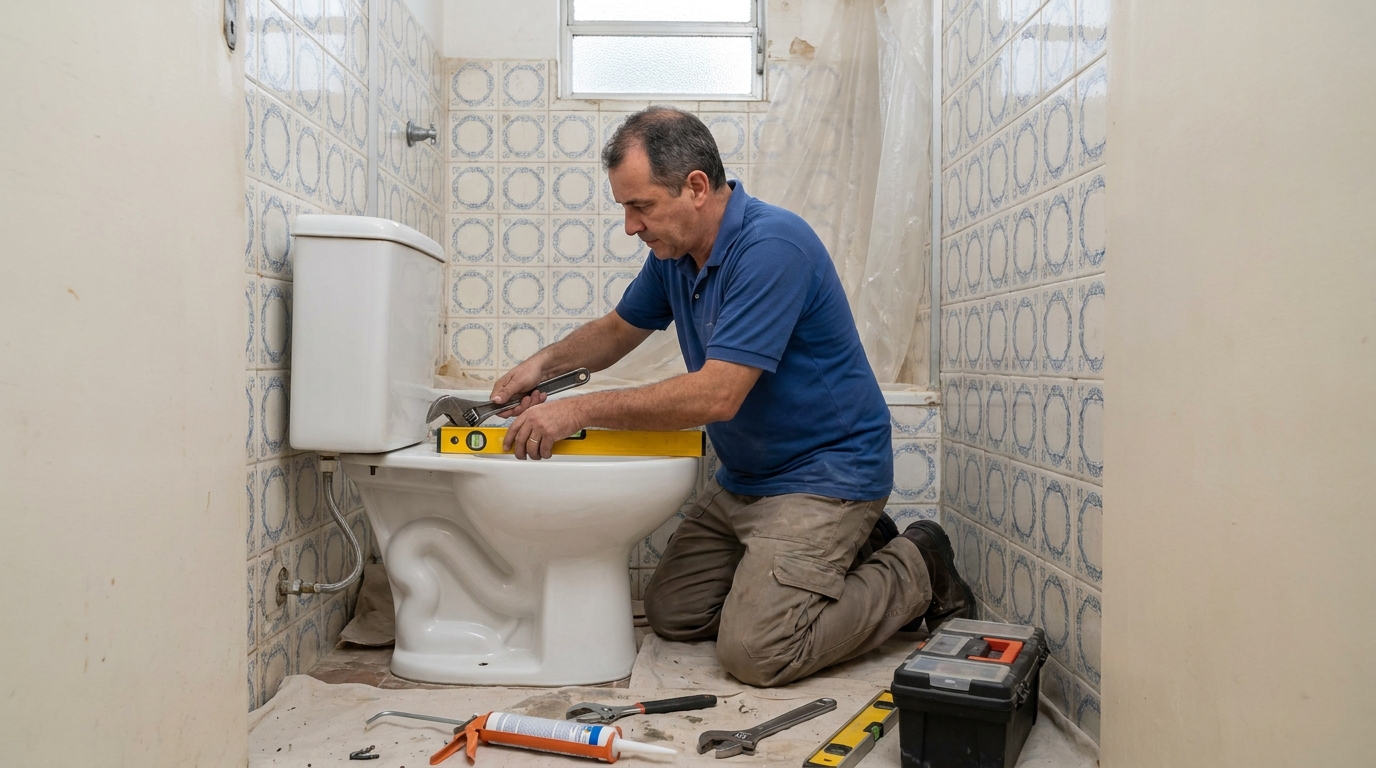 Técnico instalando vaso sanitário em Franca‑SP